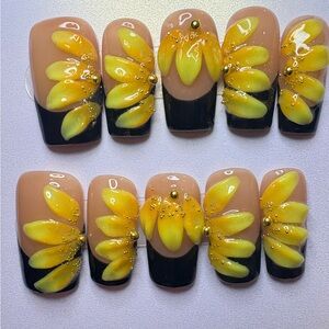 Hand-Painted Yellow Petal Press-On Nails with Black French Tip